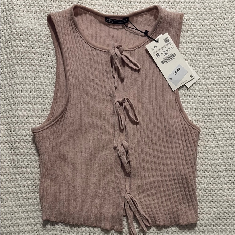 Zara Pink Ribbed Tie Front Tank Top